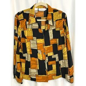 Cathy Che Geometric Silk Button Down Orange, Yellow, Black Women's Size 14